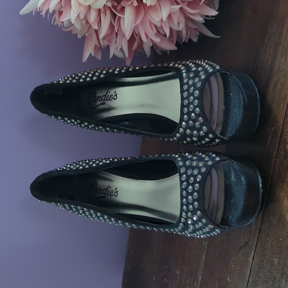 Candies Velvet Platform High Heel Rhinestone Peep Toe Pumps - Picture 4 of 13